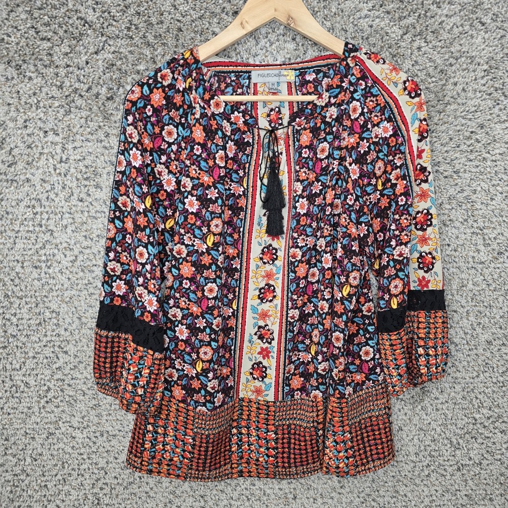 Figueroa & Flower Top‎ Womens Medium Blue Floral Print Peasant Blouse Tassel